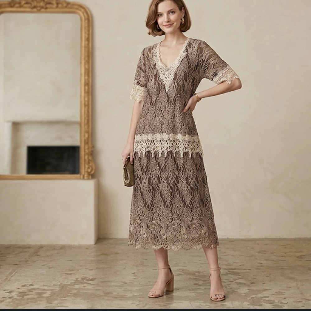 Vintage The Lady Ashley Collection Brown Cream Lace Midi Dress